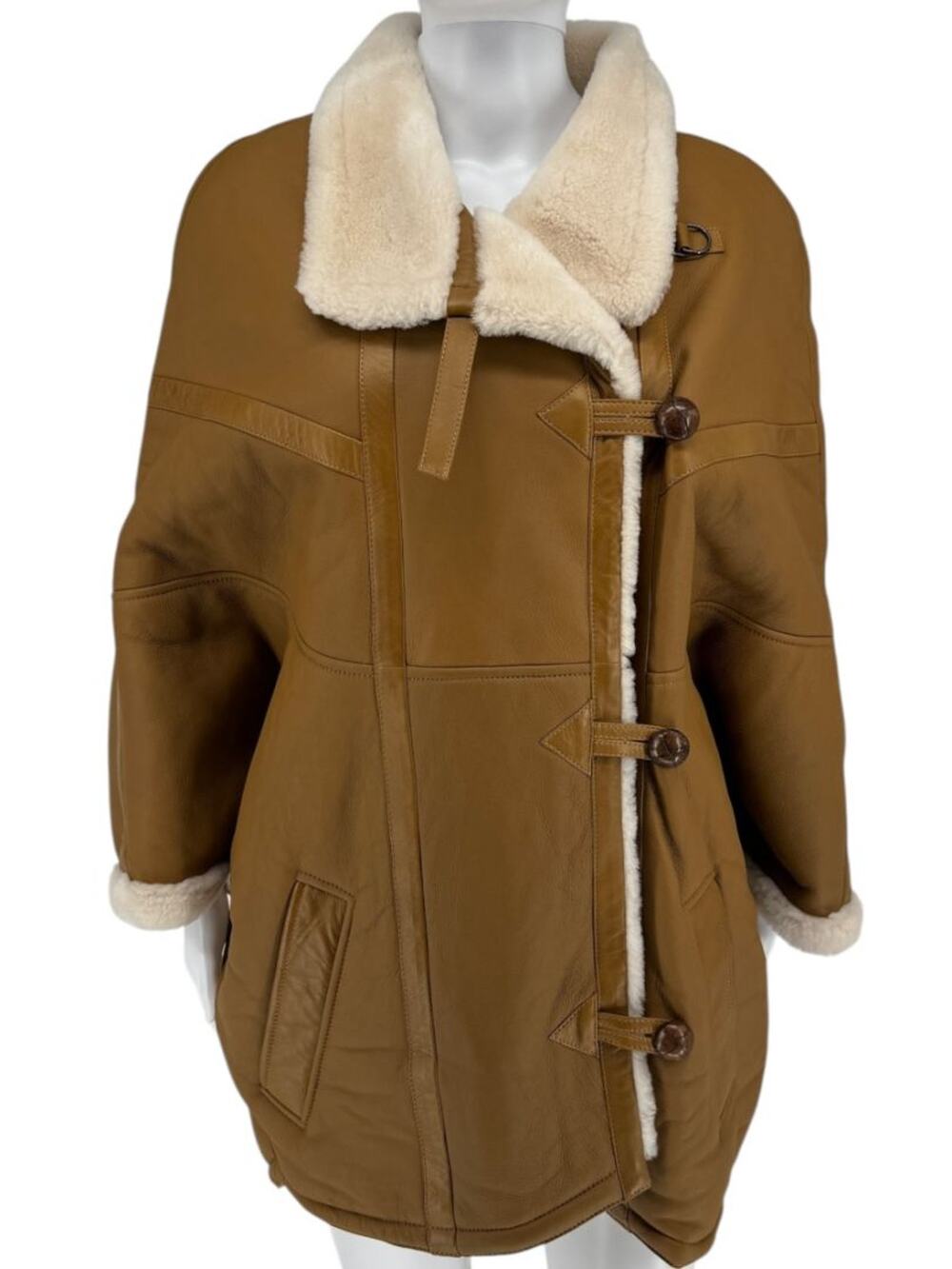 Yves Saint Laurent Brown Shearling-Trim Leather Coat with Cream Lining